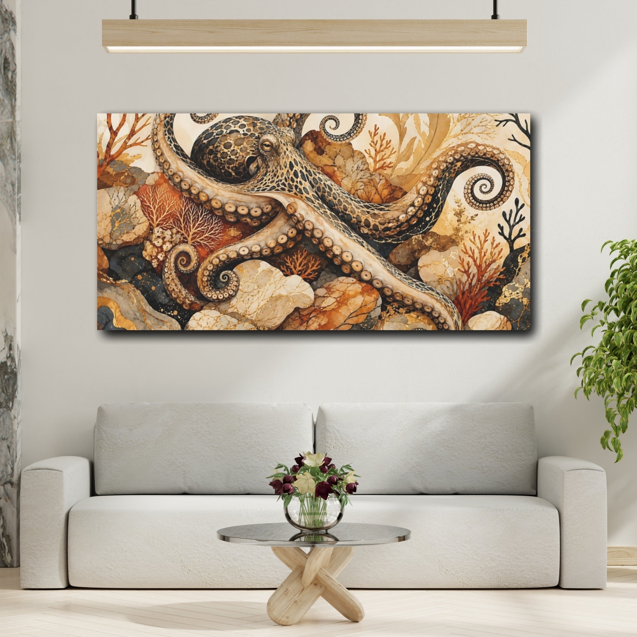 Mockup 2. Animals Octopus Brown Gold Octopus shown as stretched canvas wall art