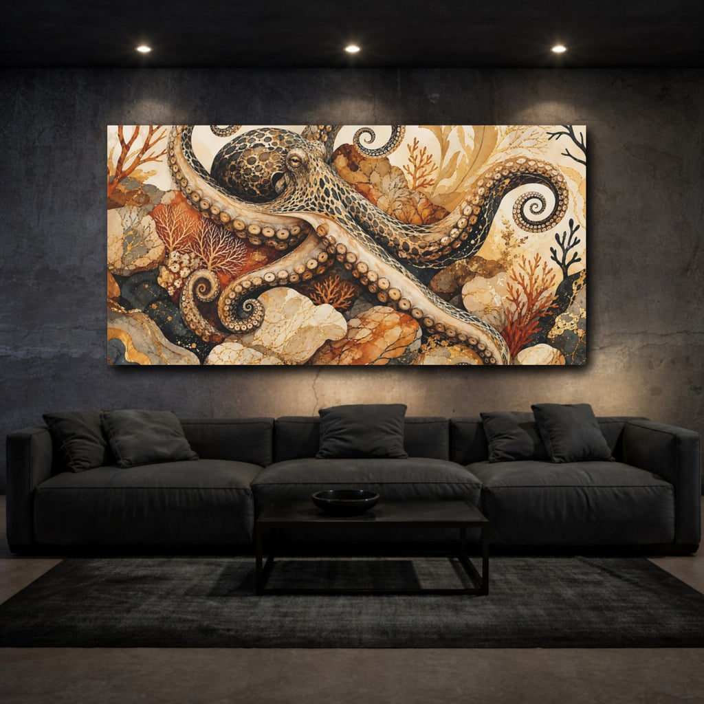 Mockup 3. Animals Octopus Brown Gold Octopus shown as stretched canvas wall art