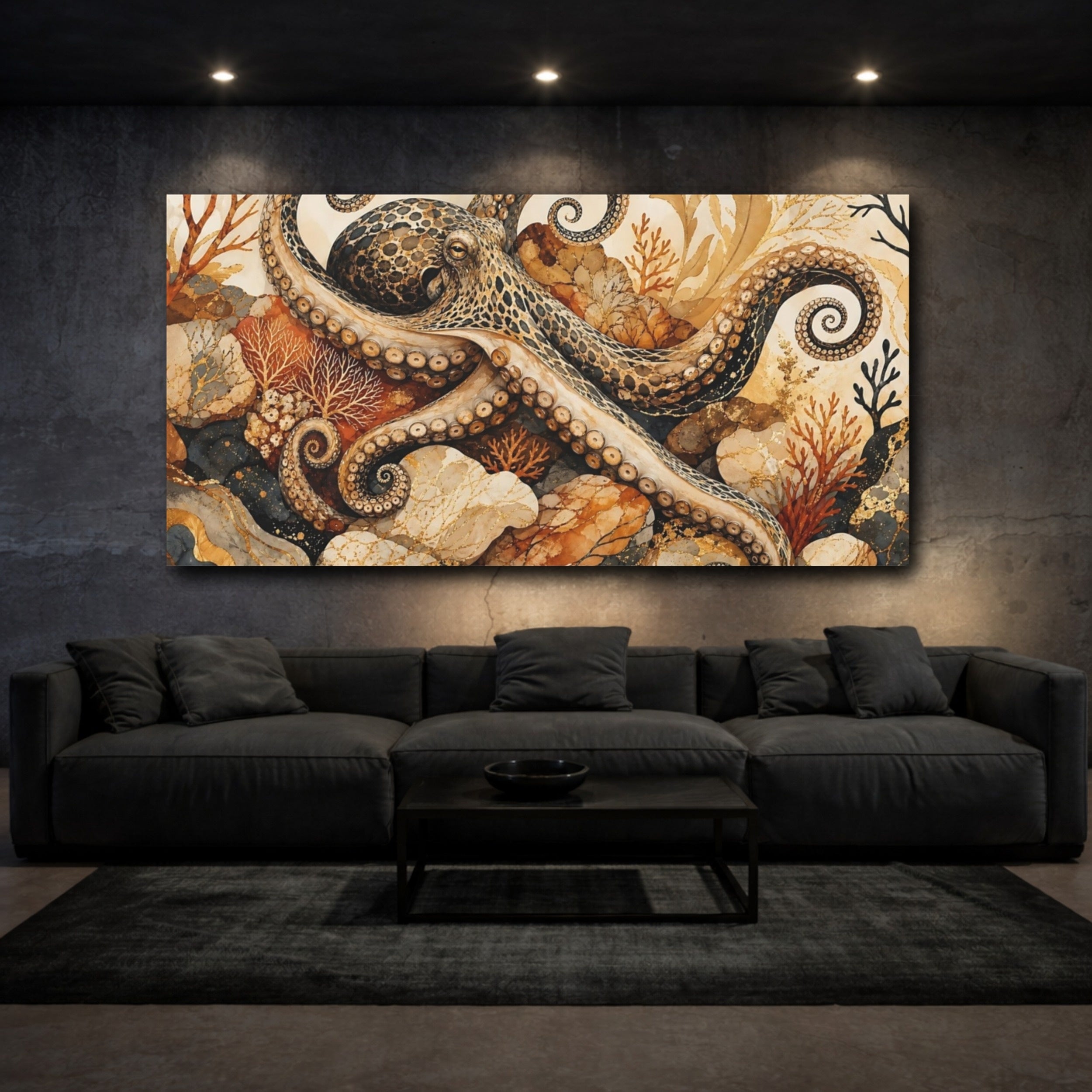 Mockup 3. Animals Octopus Brown Gold Octopus shown as stretched canvas wall art