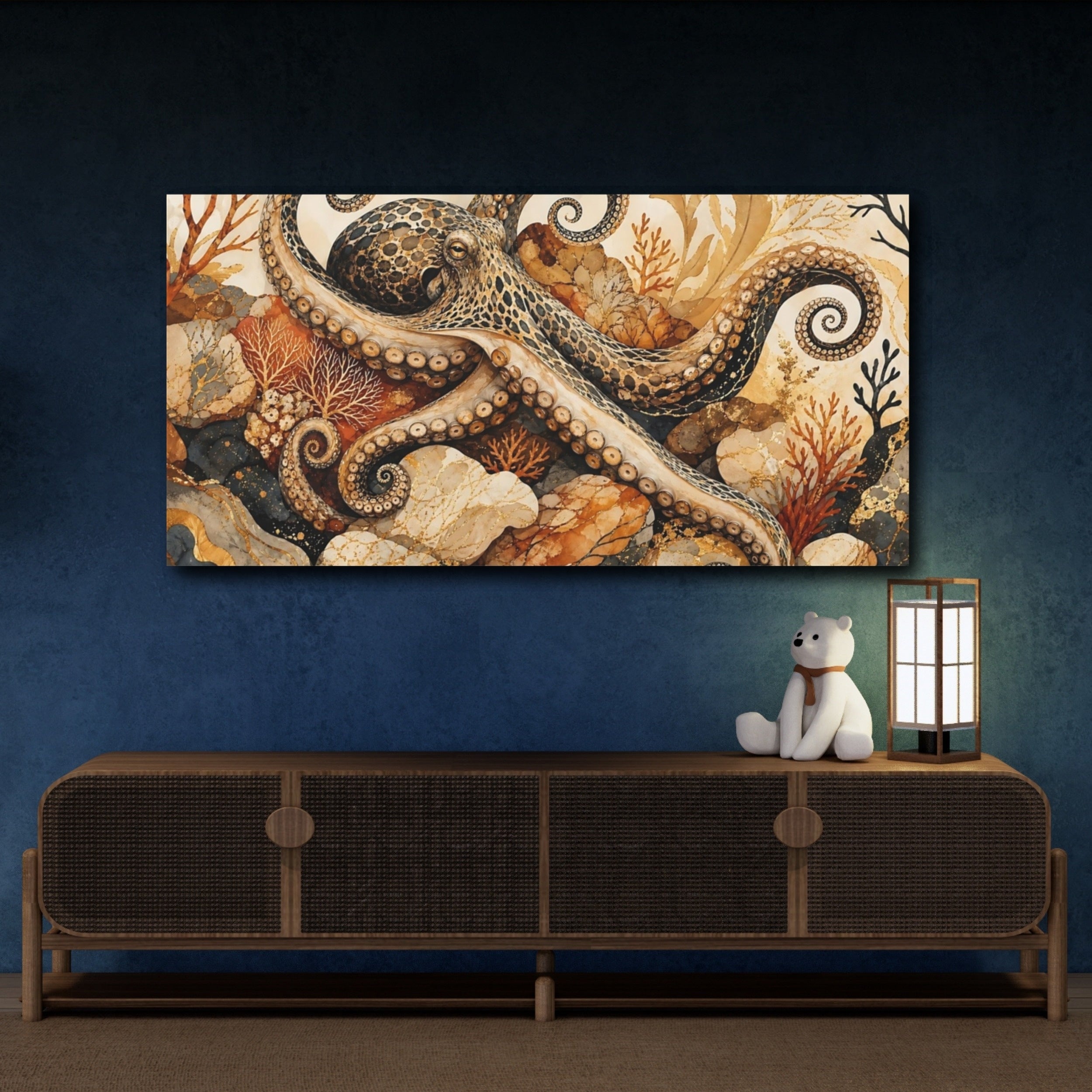 Mockup 4. Animals Octopus Brown Gold Octopus shown as stretched canvas wall art