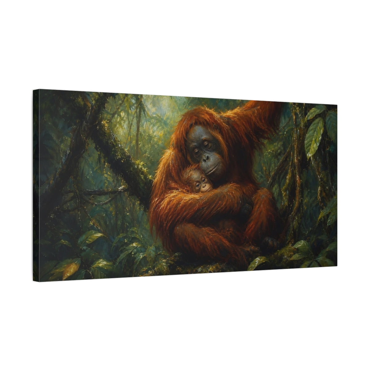 Side Mockup 1. Animals Orangutans Orangutan Family shown as stretched canvas wall art