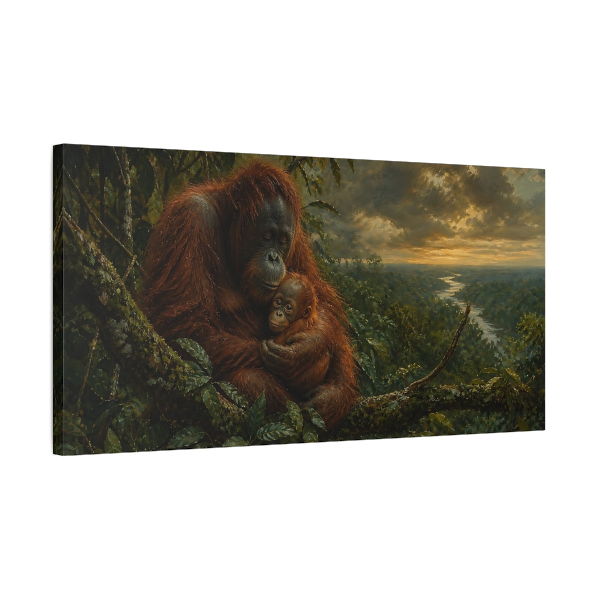 Side Mockup 1. Animals Orangutans Orange Green shown as stretched canvas wall art