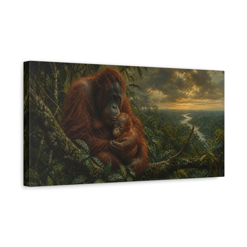 Side Mockup 3. Animals Orangutans Orange Green shown as stretched canvas wall art