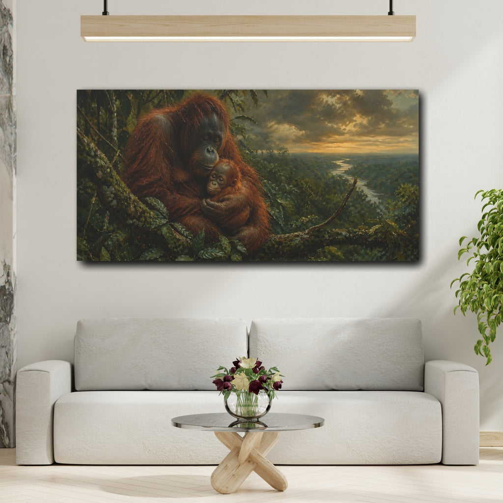 Mockup 2. Animals Orangutans Orange Green shown as stretched canvas wall art