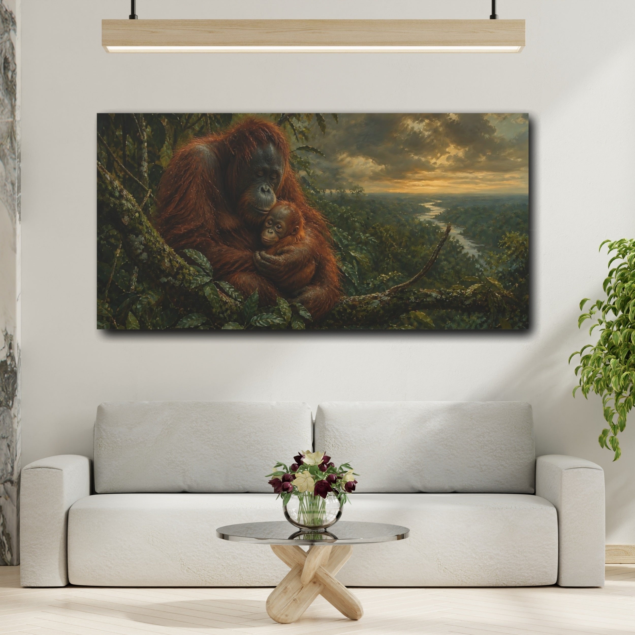 Mockup 2. Animals Orangutans Orange Green shown as stretched canvas wall art
