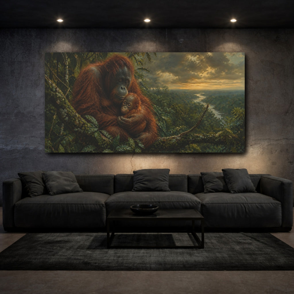 Mockup 3. Animals Orangutans Orange Green shown as stretched canvas wall art