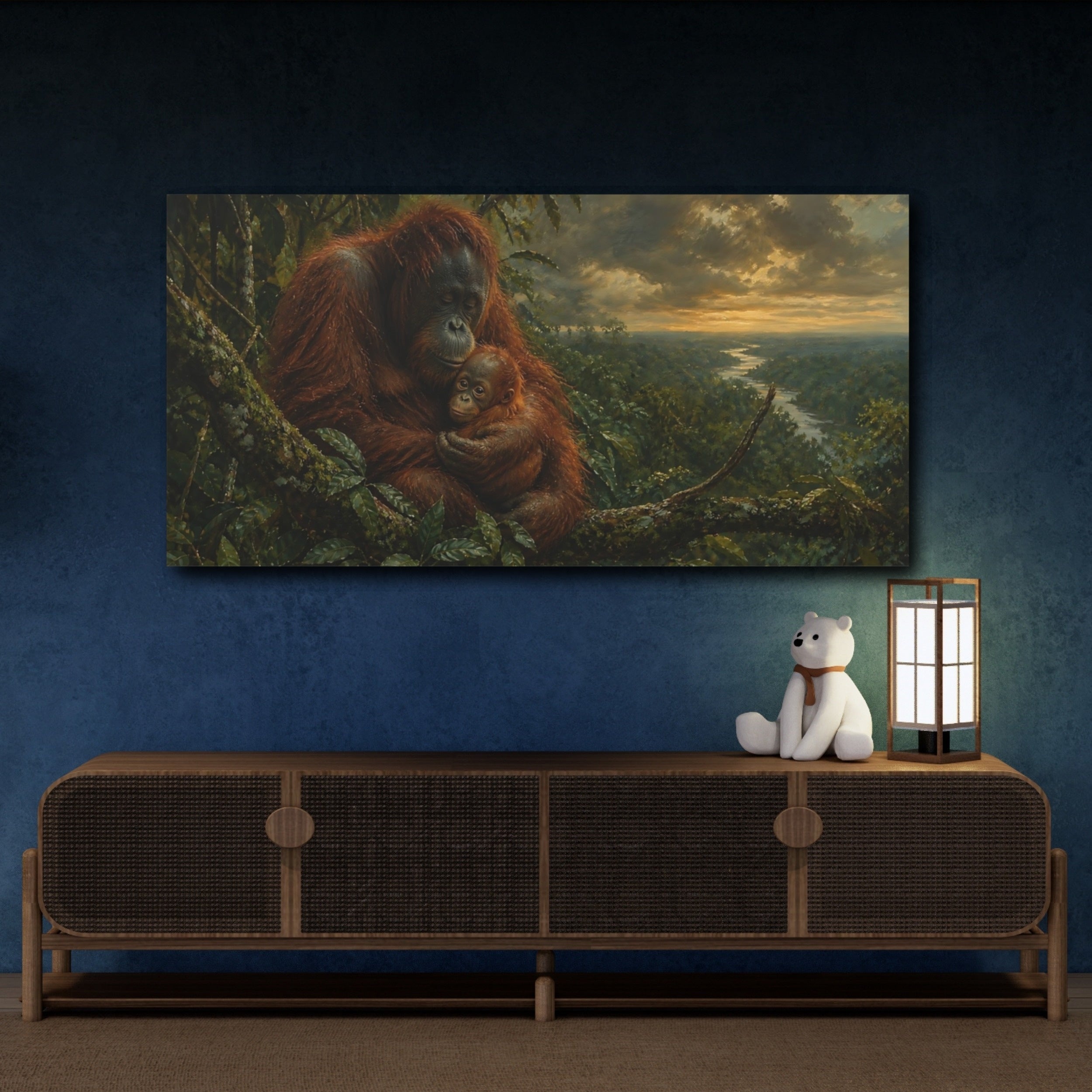 Mockup 4. Animals Orangutans Orange Green shown as stretched canvas wall art