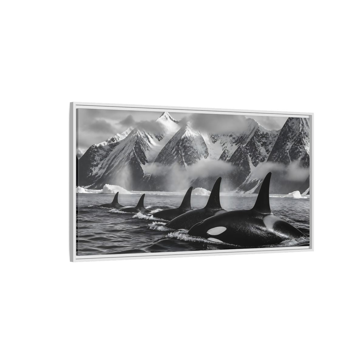 Side Mockup 3. Animals Orcas Monochrome Orcas shown as stretched canvas wall art