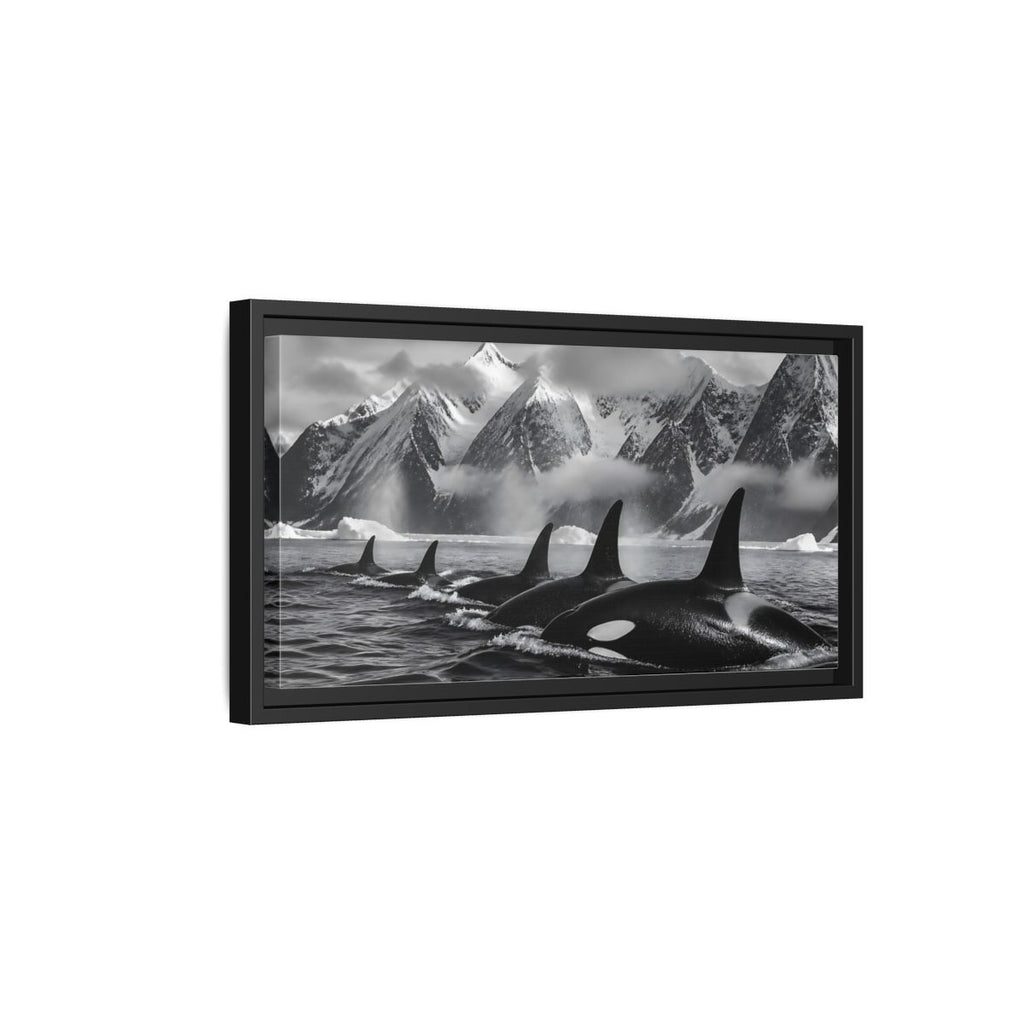 Side Mockup 8. Animals Orcas Monochrome Orcas shown as stretched canvas wall art