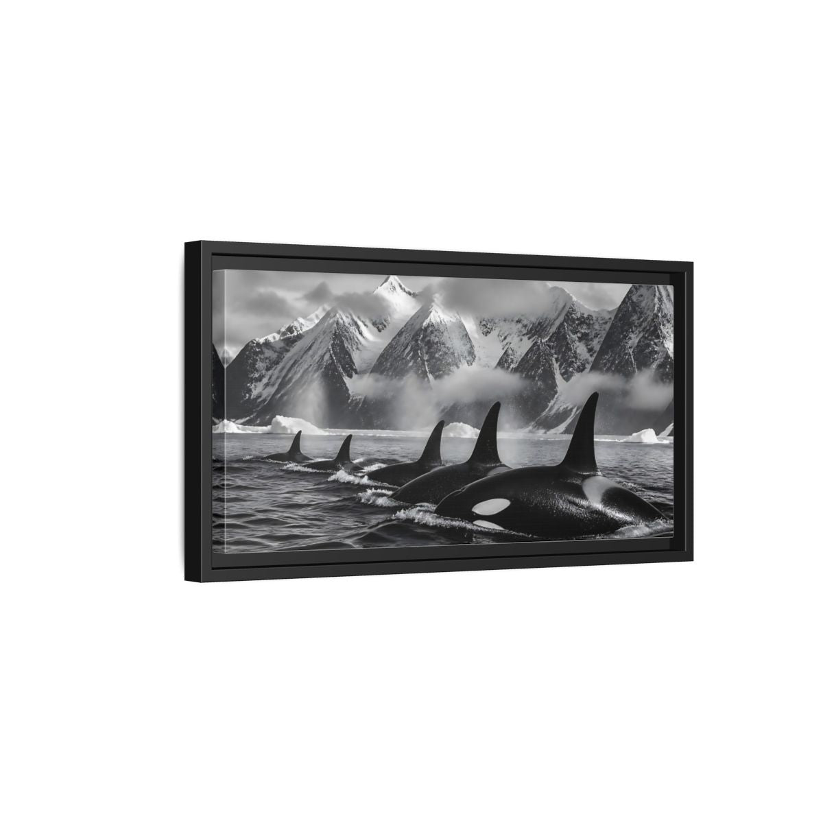 Side Mockup 8. Animals Orcas Monochrome Orcas shown as stretched canvas wall art