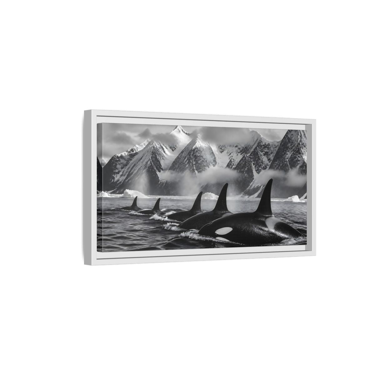 Side Mockup 6. Animals Orcas Monochrome Orcas shown as stretched canvas wall art
