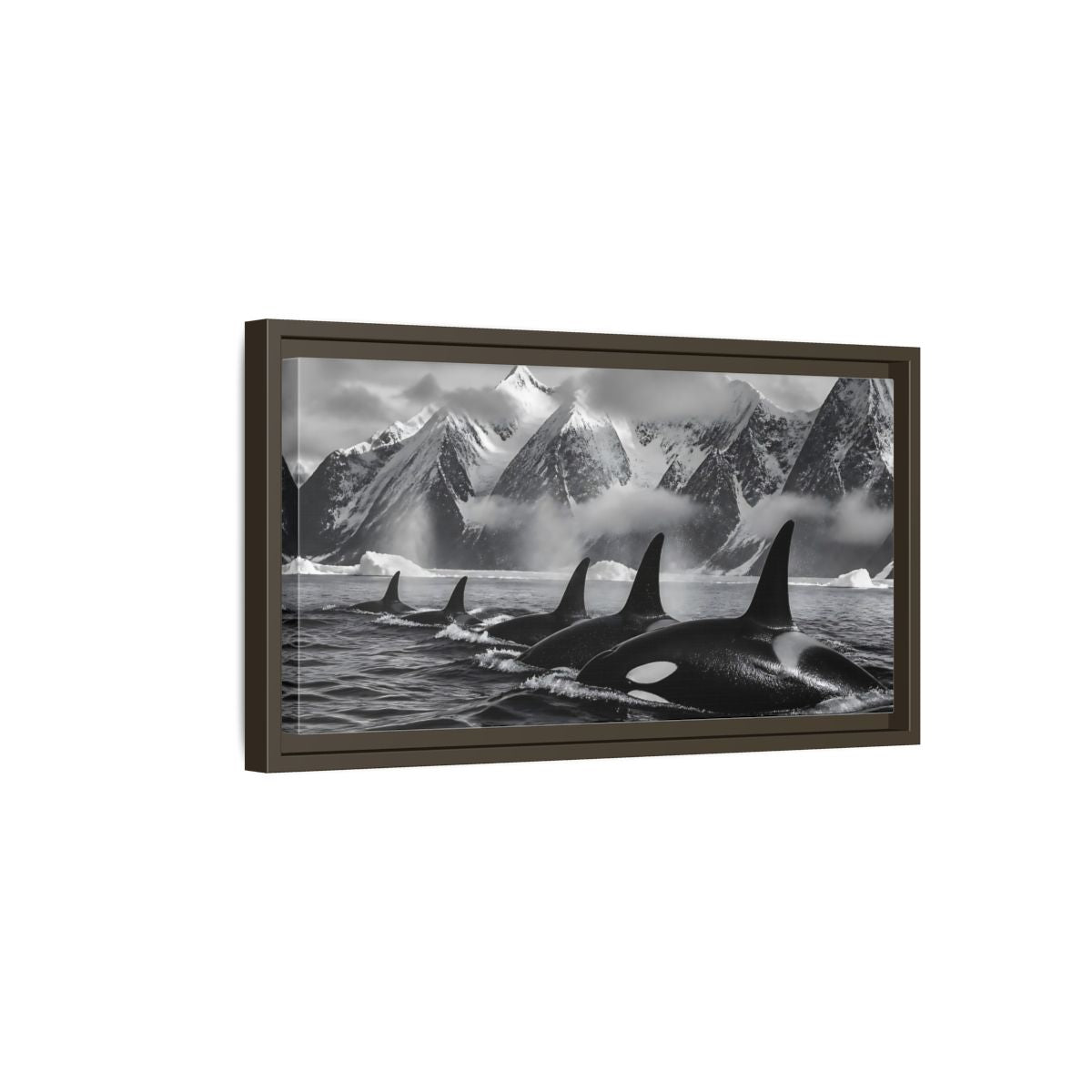 Side Mockup 7. Animals Orcas Monochrome Orcas shown as stretched canvas wall art