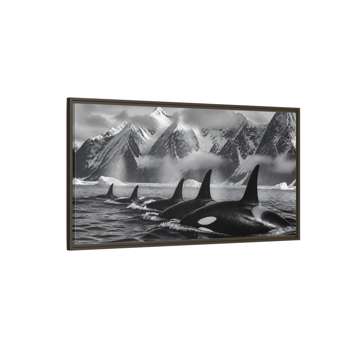 Side Mockup 4. Animals Orcas Monochrome Orcas shown as stretched canvas wall art