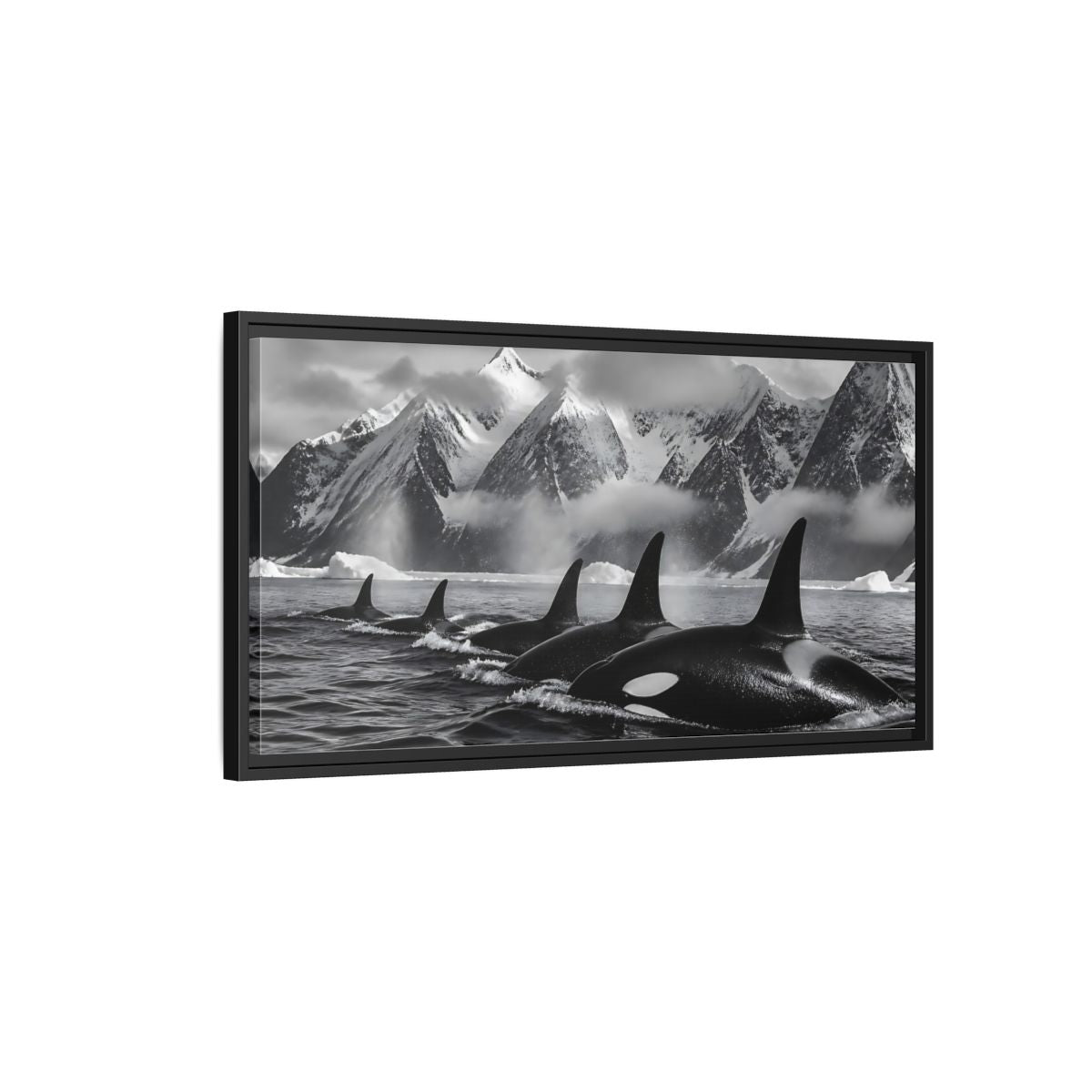 Side Mockup 2. Animals Orcas Monochrome Orcas shown as stretched canvas wall art