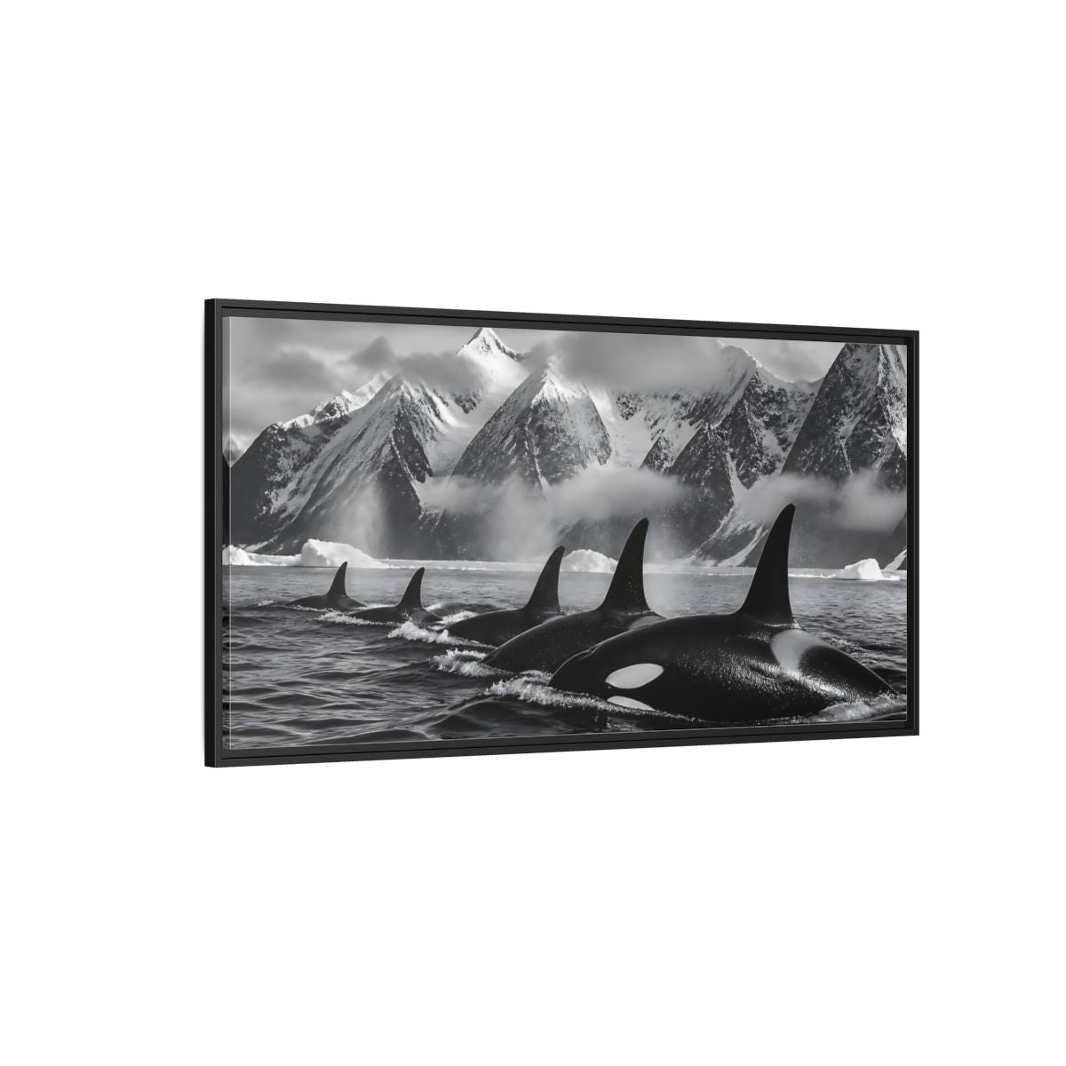 Side Mockup 5. Animals Orcas Monochrome Orcas shown as stretched canvas wall art