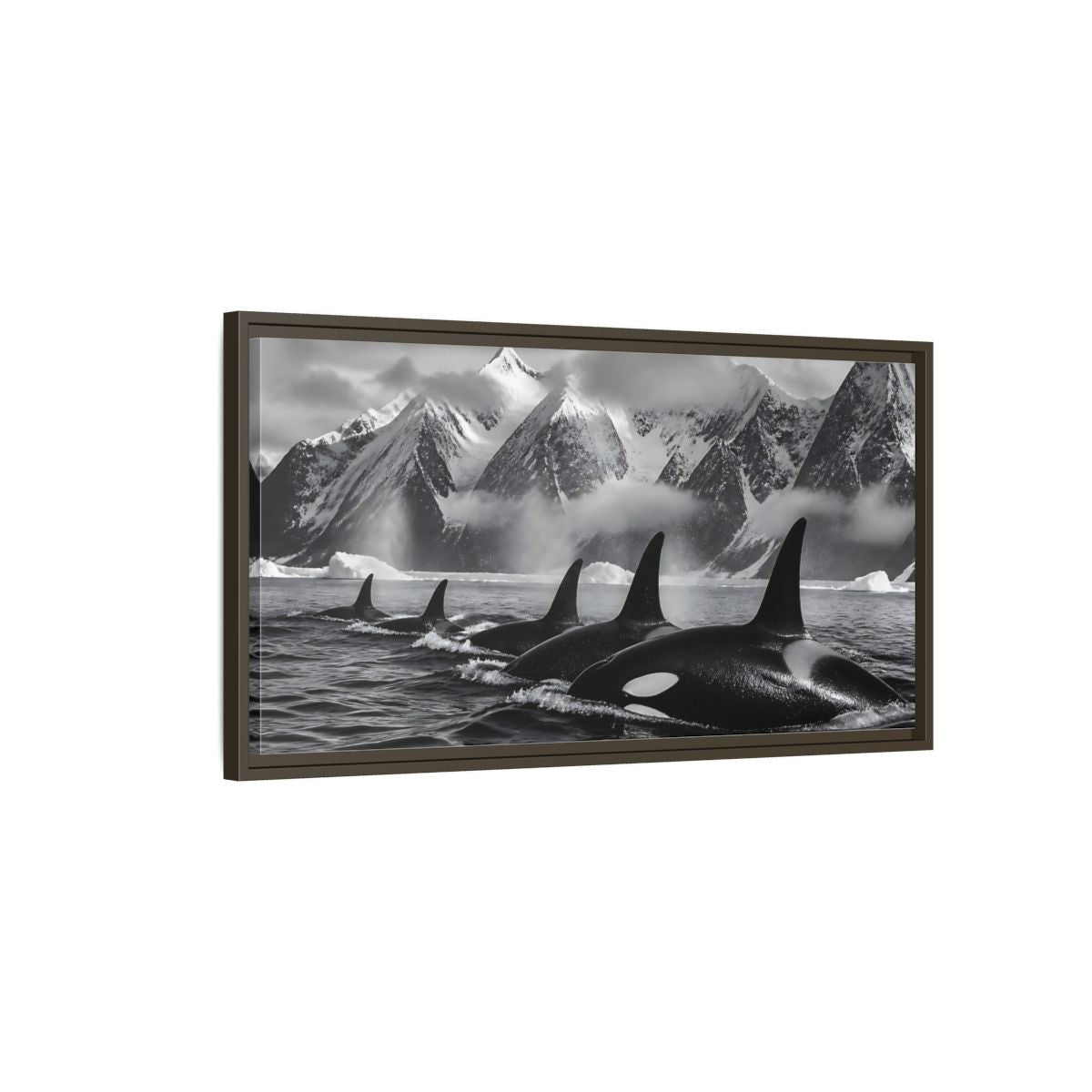 Main Mockup. Animals Orcas Monochrome Orcas shown as stretched canvas wall art