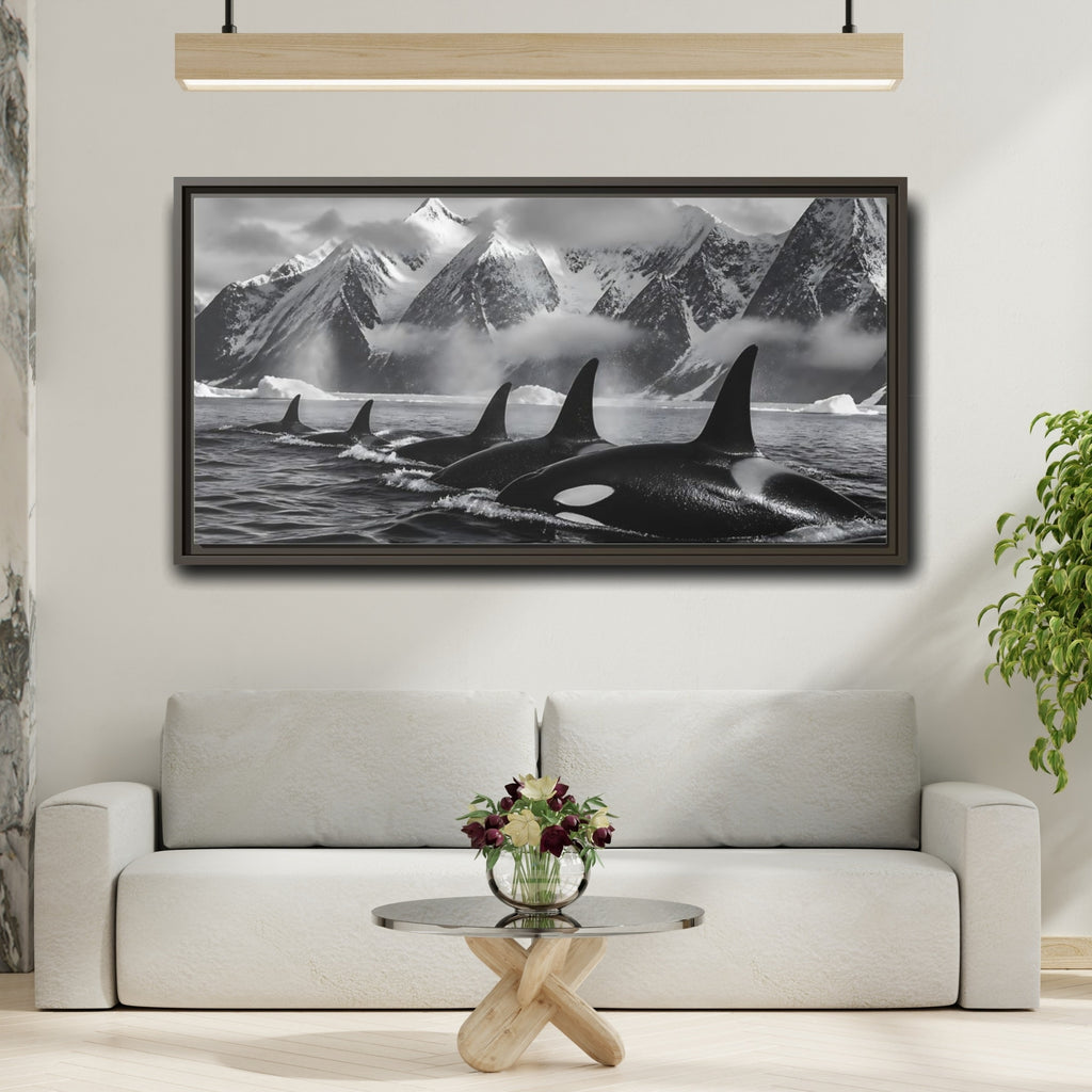 Mockup 2. Animals Orcas Monochrome Orcas shown as stretched canvas wall art