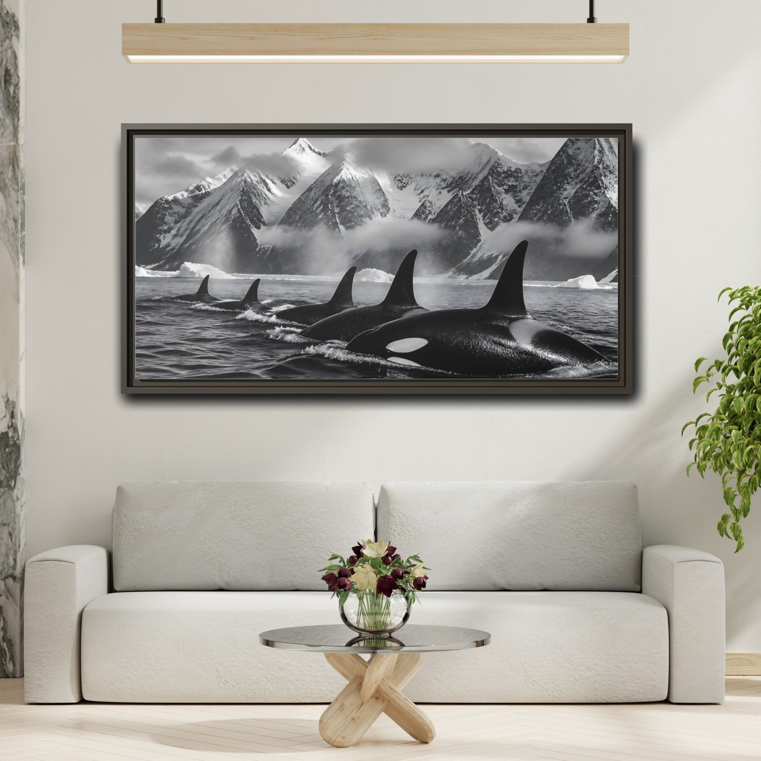 Mockup 2. Animals Orcas Monochrome Orcas shown as stretched canvas wall art