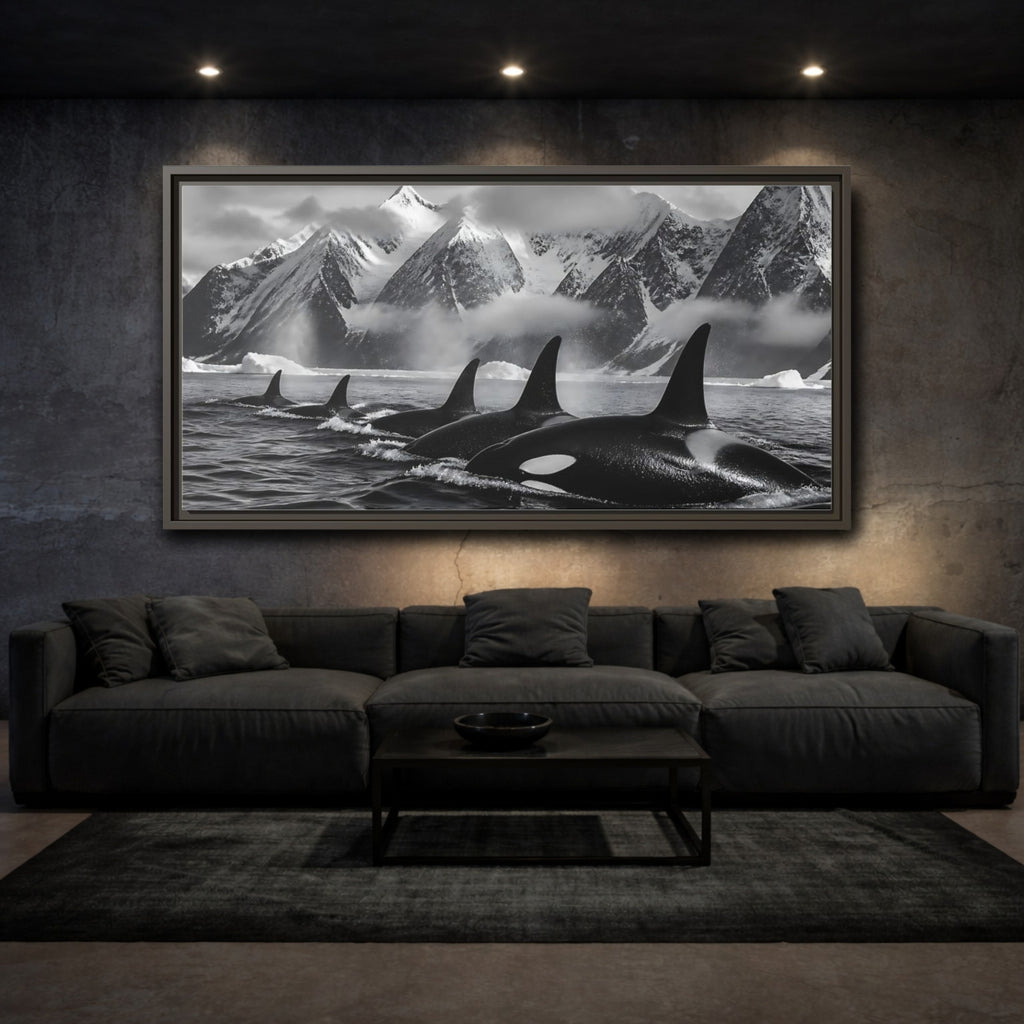 Mockup 3. Animals Orcas Monochrome Orcas shown as stretched canvas wall art