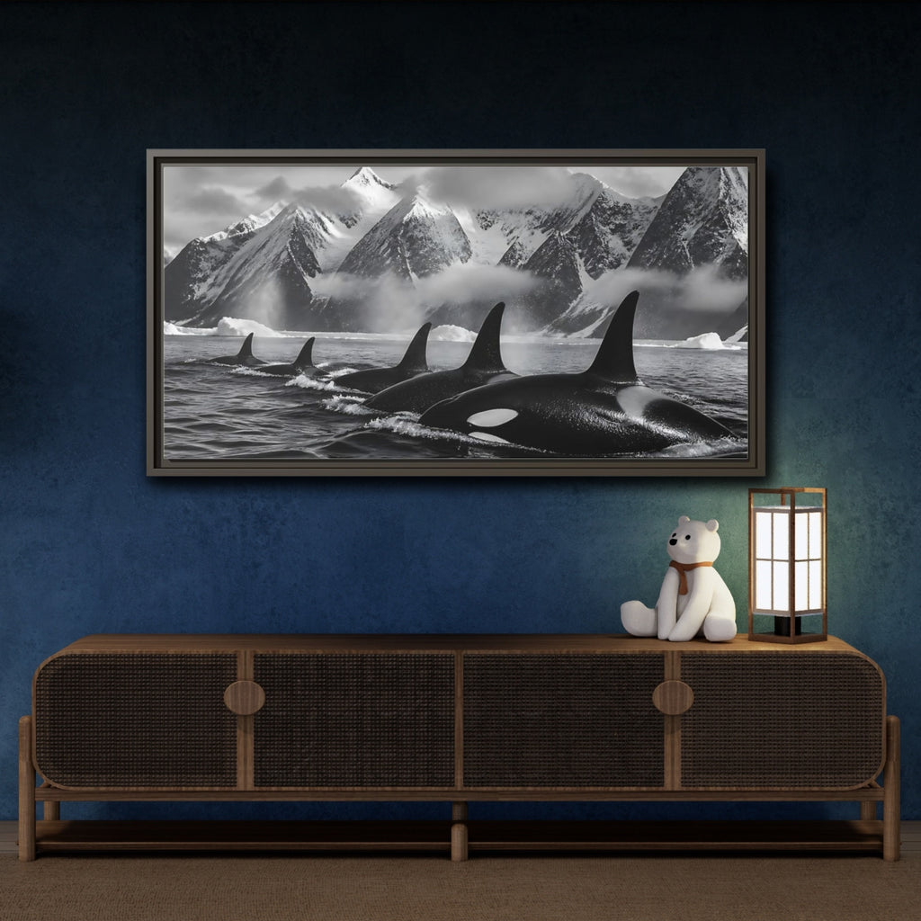 Mockup 4. Animals Orcas Monochrome Orcas shown as stretched canvas wall art