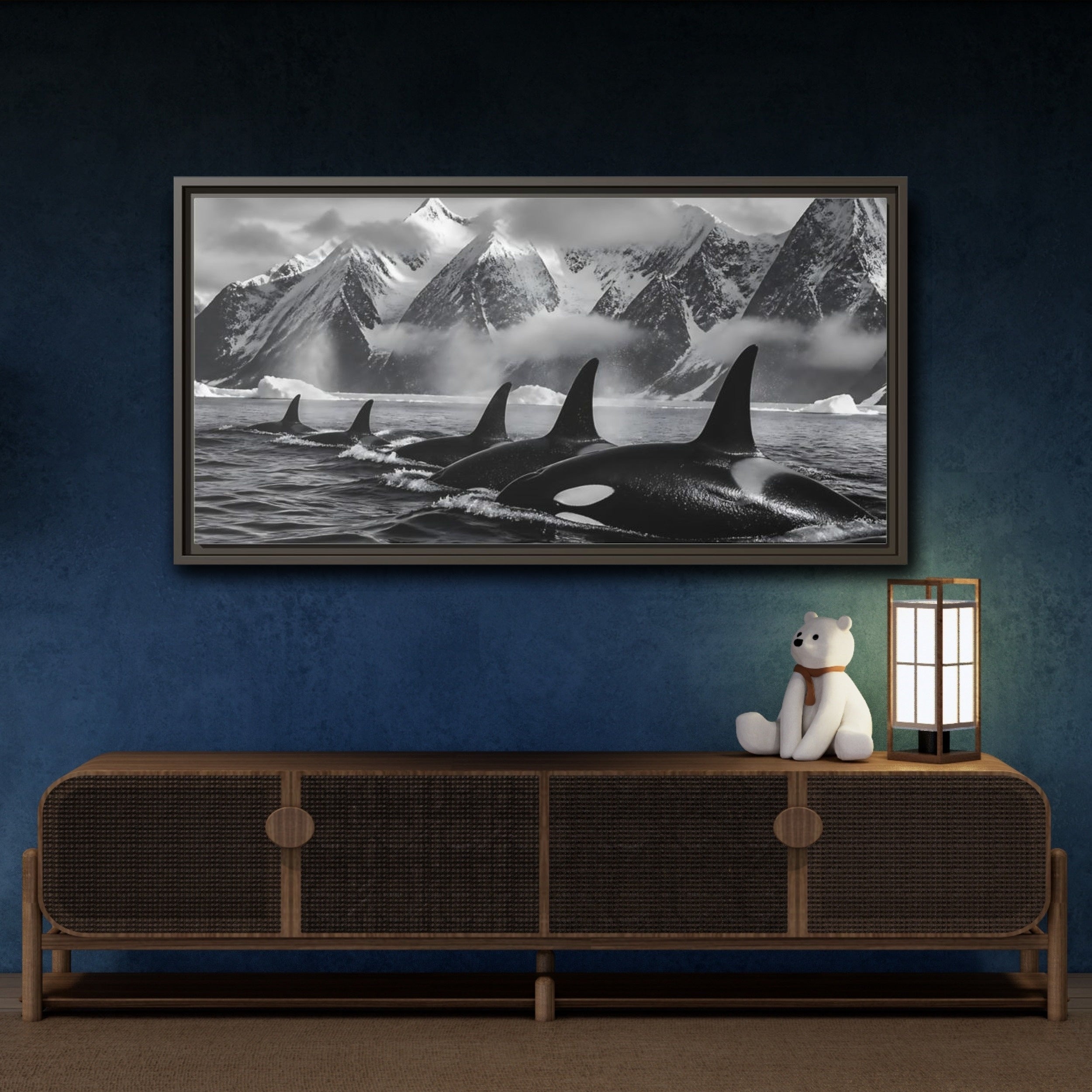 Mockup 4. Animals Orcas Monochrome Orcas shown as stretched canvas wall art