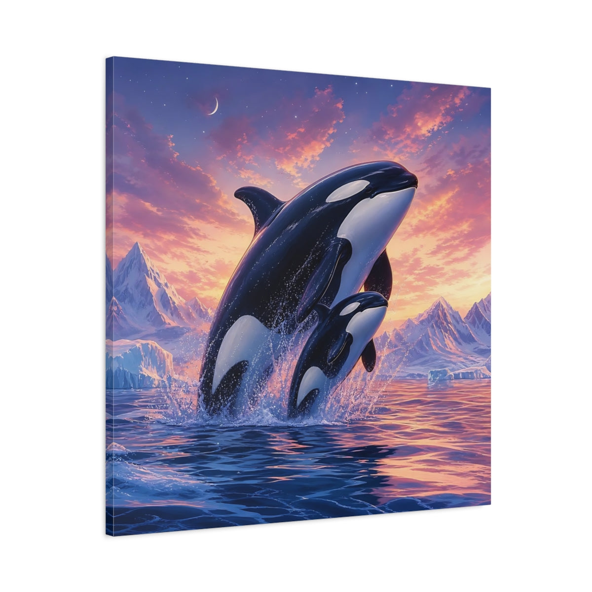 Main Mockup. Animals Orcas Orcas Pink Blue shown as stretched canvas wall art