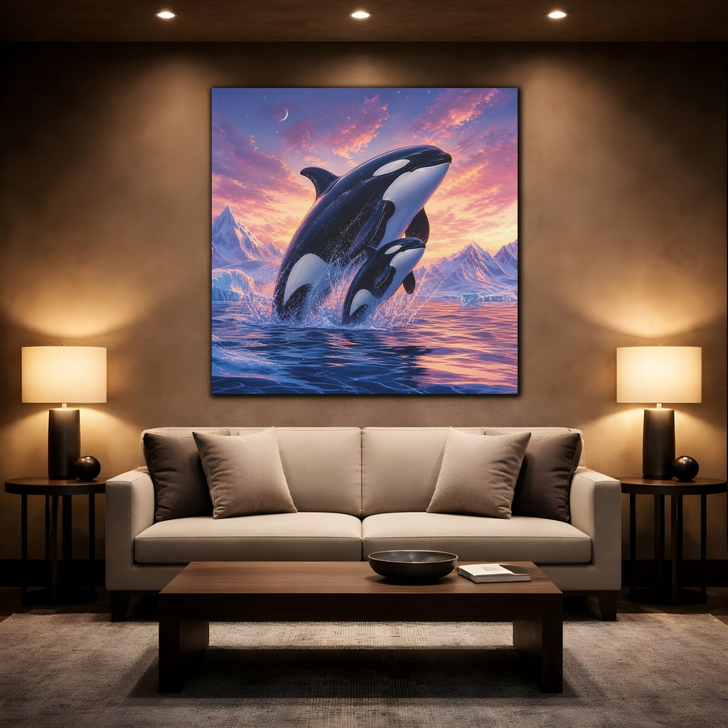 Mockup 2. Animals Orcas Orcas Pink Blue shown as stretched canvas wall art