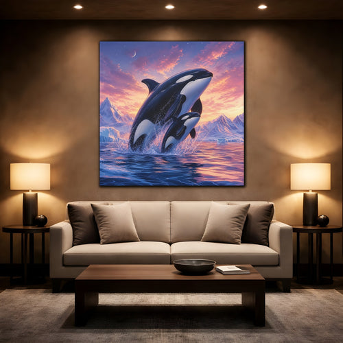 Mockup 2. Animals Orcas Orcas Pink Blue shown as stretched canvas wall art