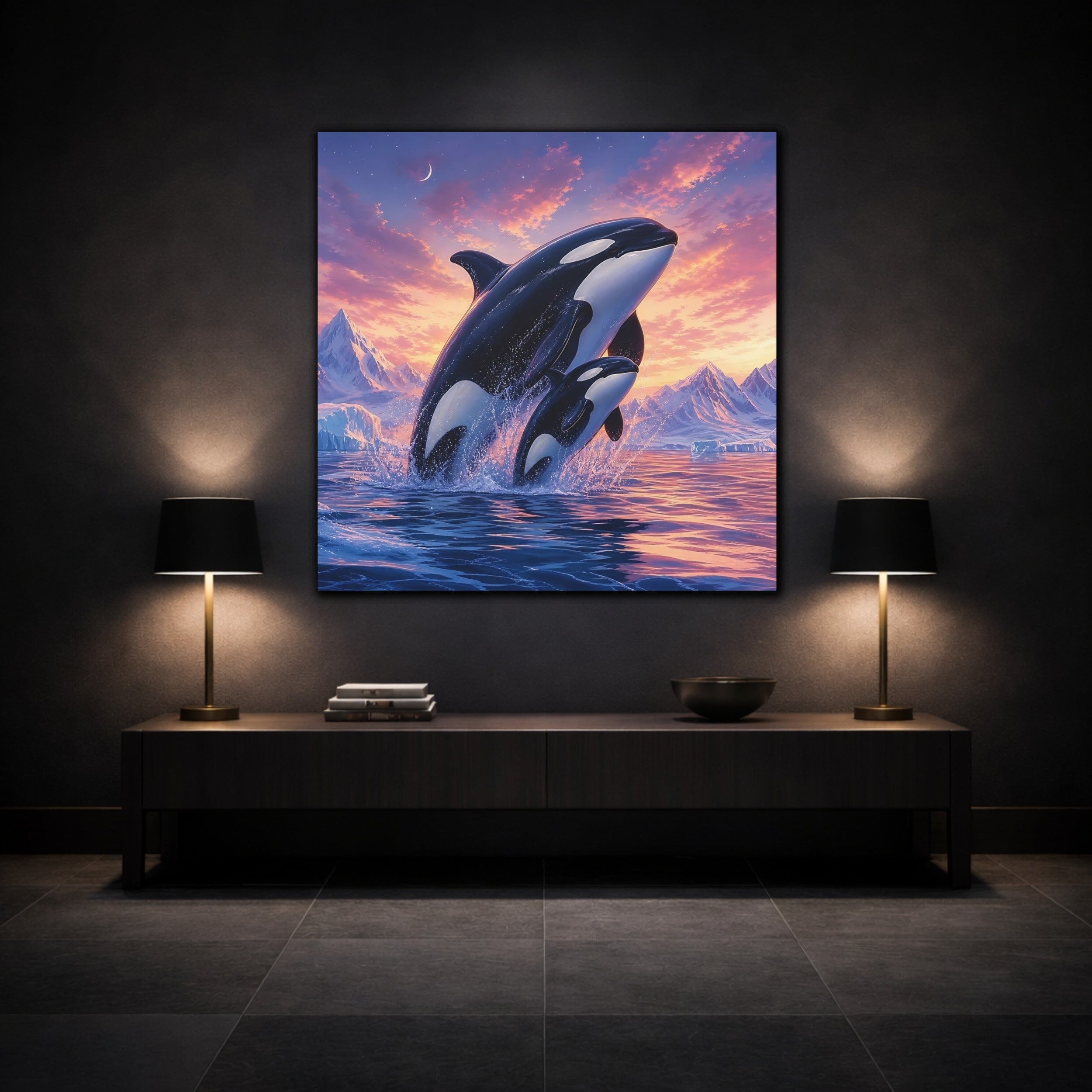 Mockup 3. Animals Orcas Orcas Pink Blue shown as stretched canvas wall art