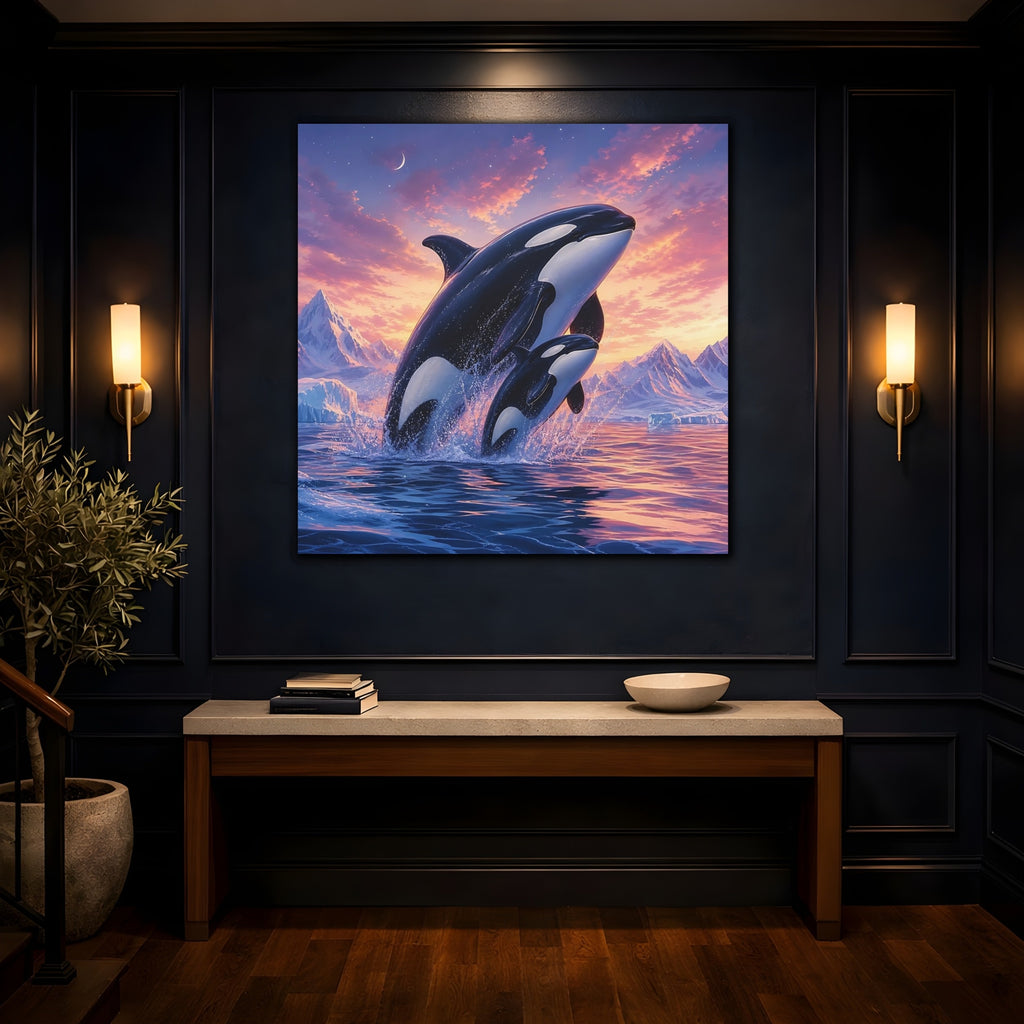 Mockup 4. Animals Orcas Orcas Pink Blue shown as stretched canvas wall art