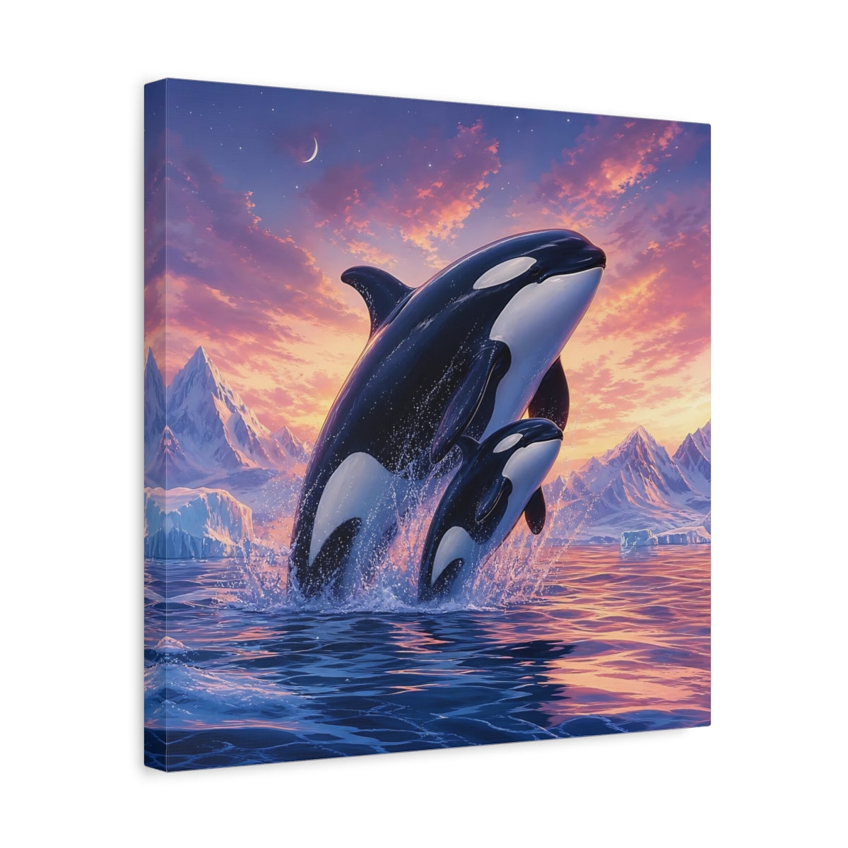 Side Mockup 6. Animals Orcas Orcas Pink Blue shown as stretched canvas wall art