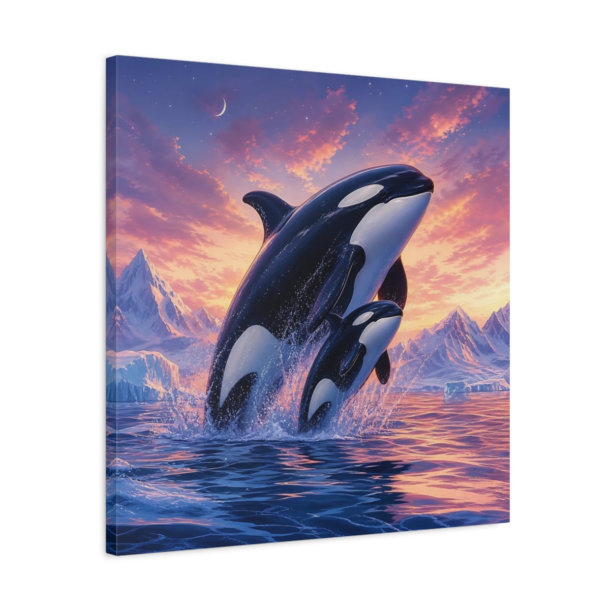 Side Mockup 4. Animals Orcas Orcas Pink Blue shown as stretched canvas wall art