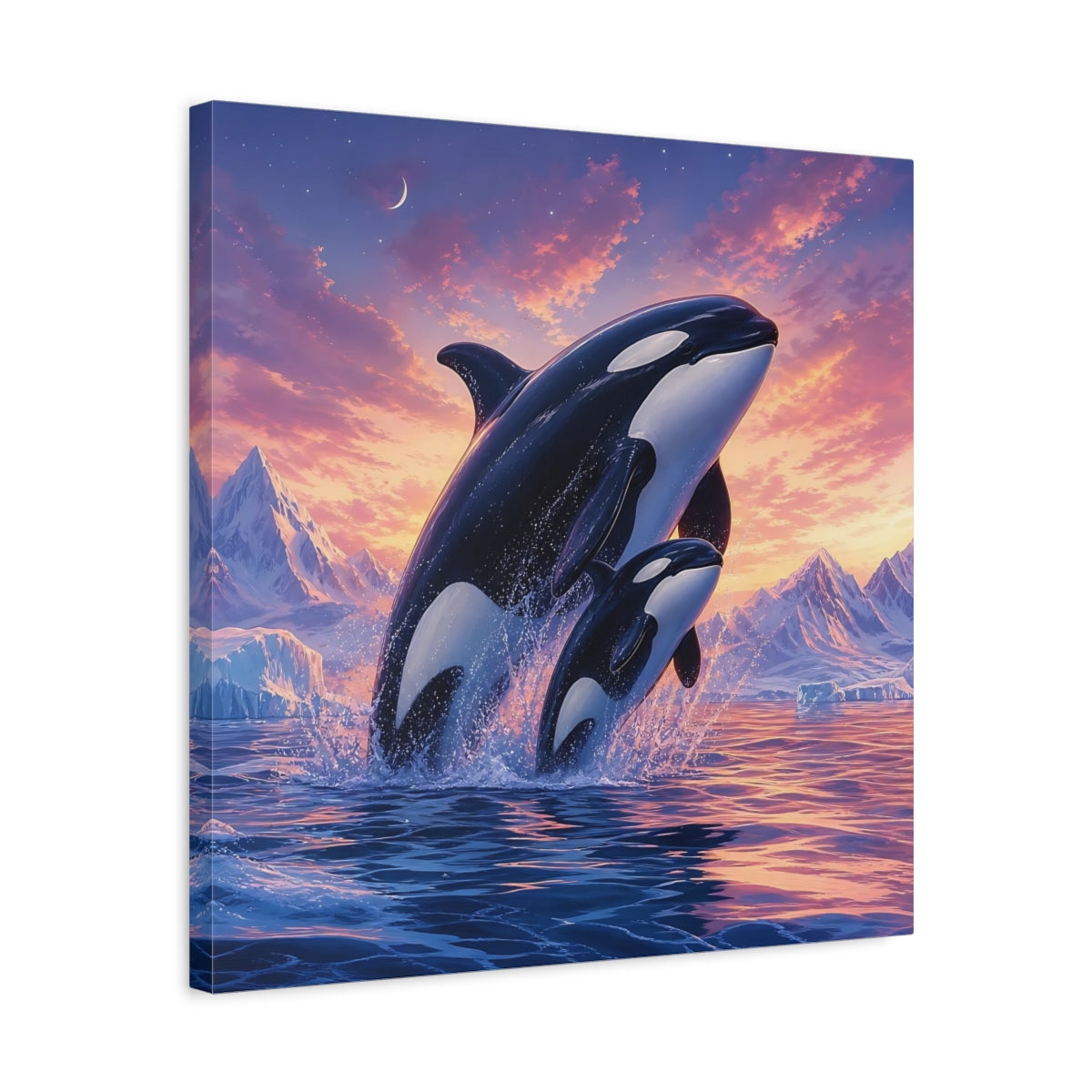 Side Mockup 5. Animals Orcas Orcas Pink Blue shown as stretched canvas wall art