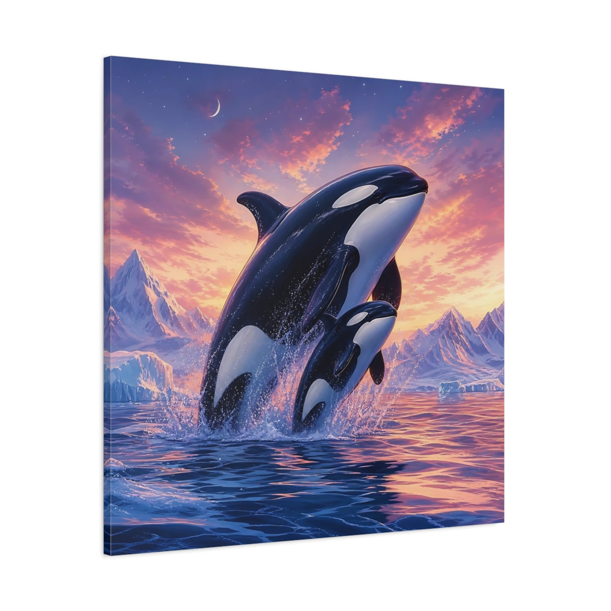 Side Mockup 1. Animals Orcas Orcas Pink Blue shown as stretched canvas wall art