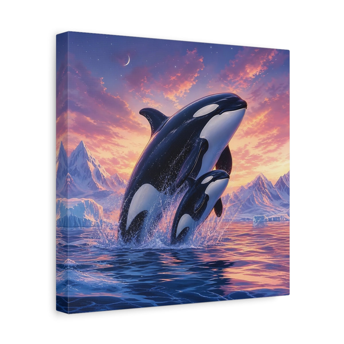 Side Mockup 8. Animals Orcas Orcas Pink Blue shown as stretched canvas wall art