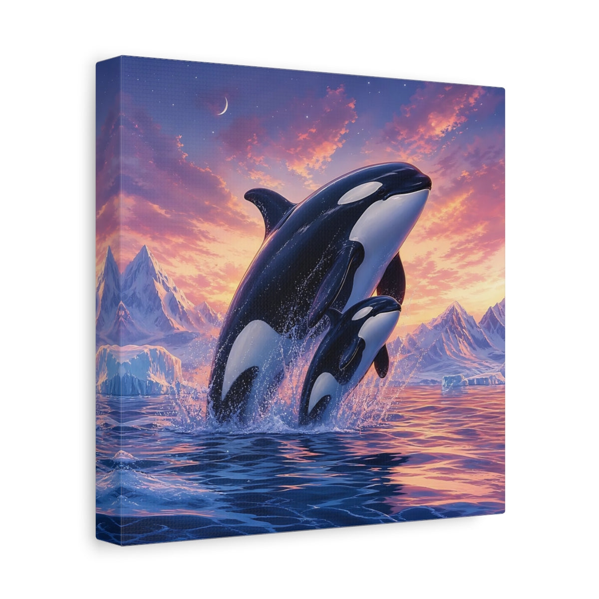 Side Mockup 9. Animals Orcas Orcas Pink Blue shown as stretched canvas wall art