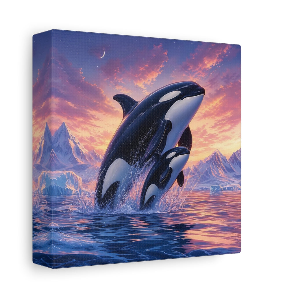 Side Mockup 2. Animals Orcas Orcas Pink Blue shown as stretched canvas wall art
