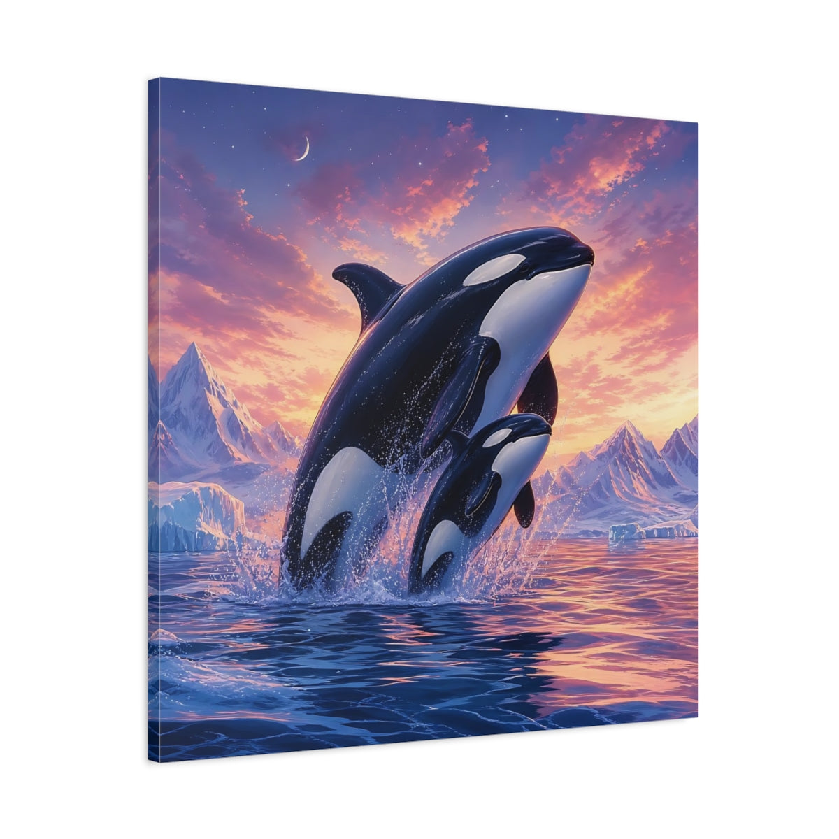 Side Mockup 3. Animals Orcas Orcas Pink Blue shown as stretched canvas wall art