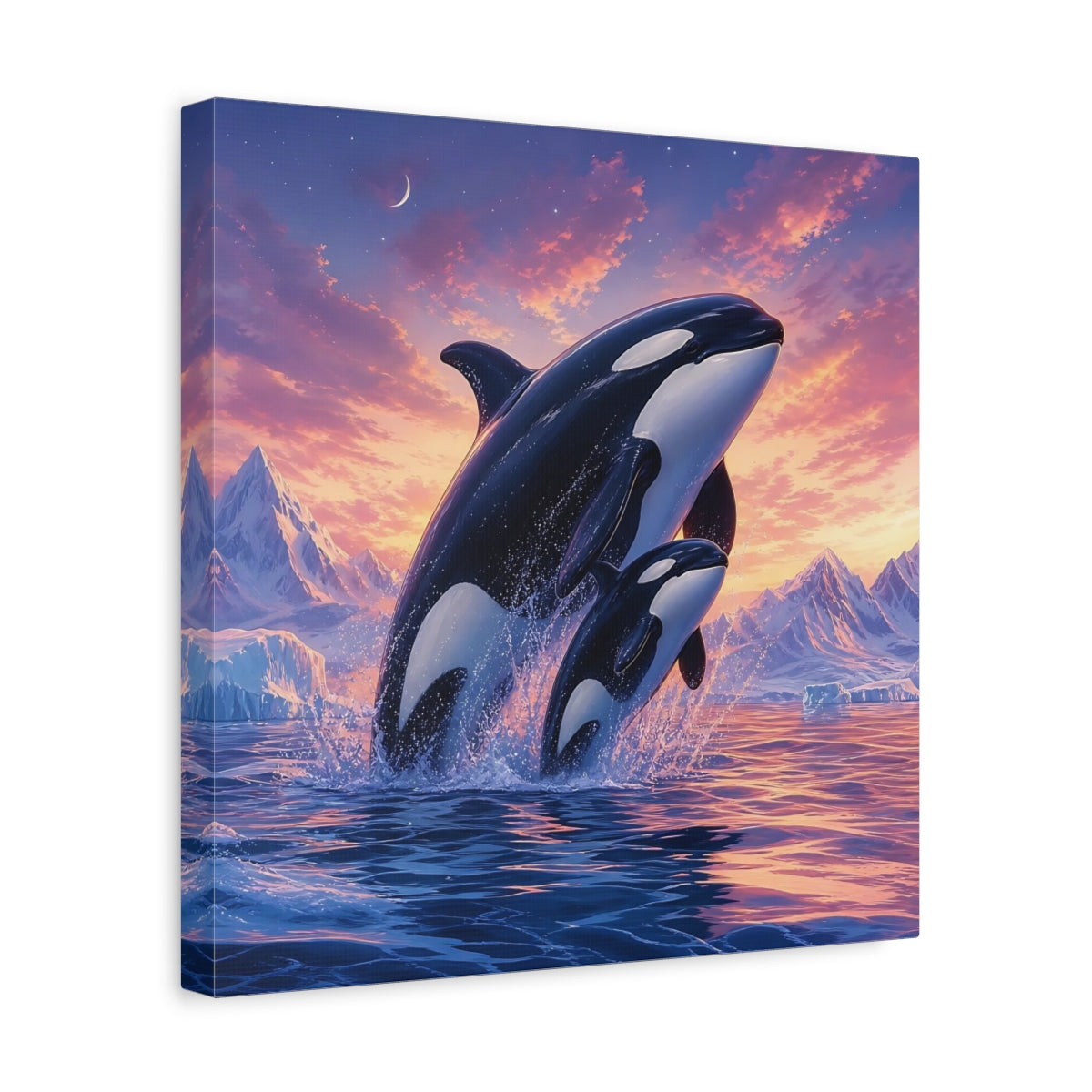 Side Mockup 7. Animals Orcas Orcas Pink Blue shown as stretched canvas wall art