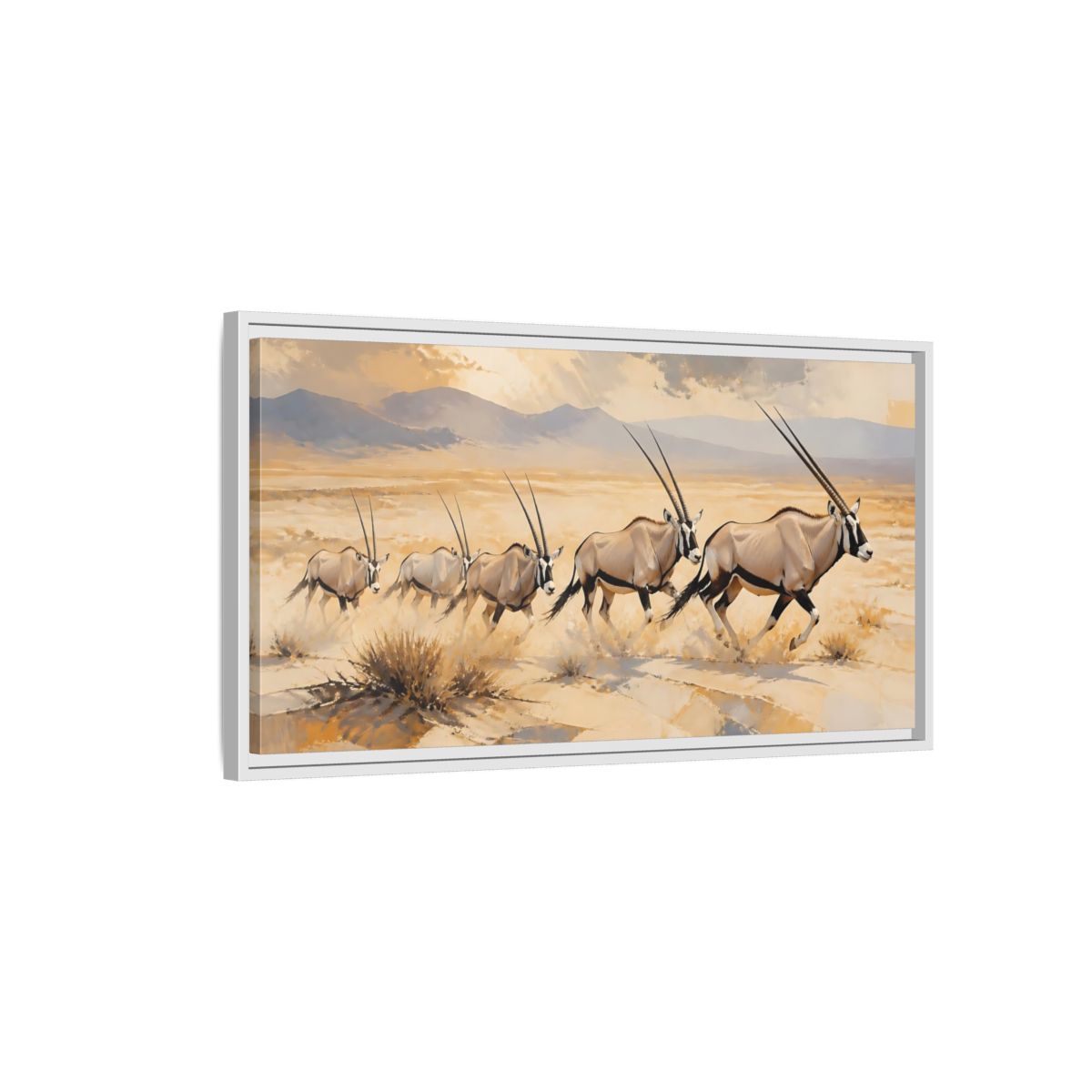 Side Mockup 1. Animals Oryx Brown And Gold Oryx shown as stretched canvas wall art