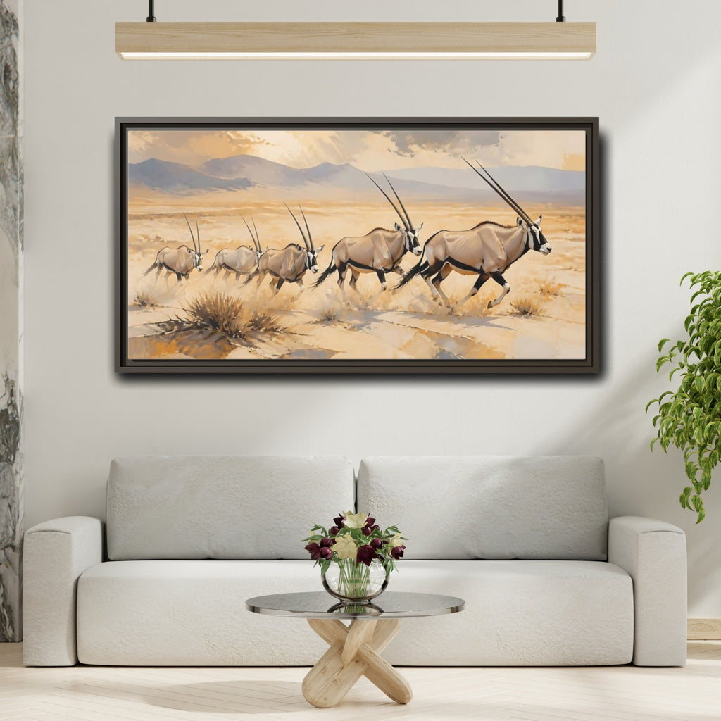 Mockup 2. Animals Oryx Brown And Gold Oryx shown as stretched canvas wall art