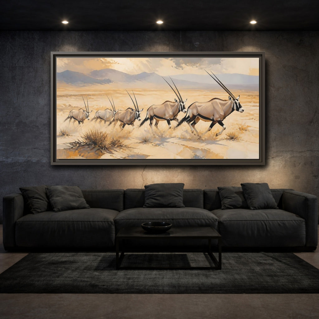 Mockup 3. Animals Oryx Brown And Gold Oryx shown as stretched canvas wall art