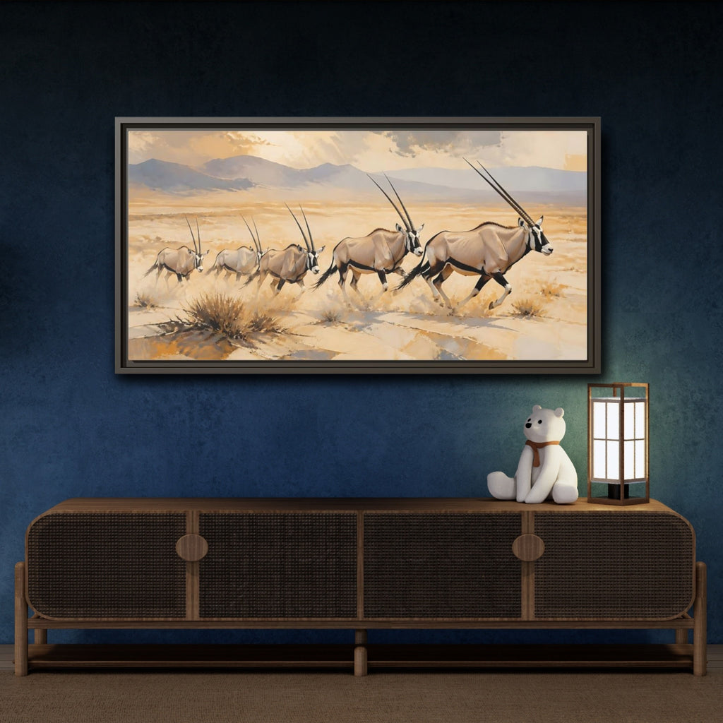 Mockup 4. Animals Oryx Brown And Gold Oryx shown as stretched canvas wall art