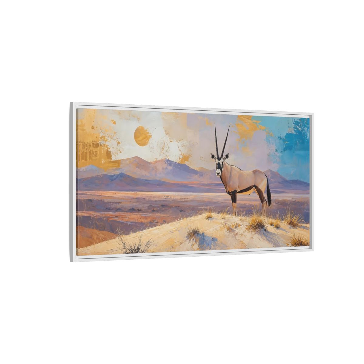 Side Mockup 3. Animals Oryx Gold Beige Desert shown as stretched canvas wall art
