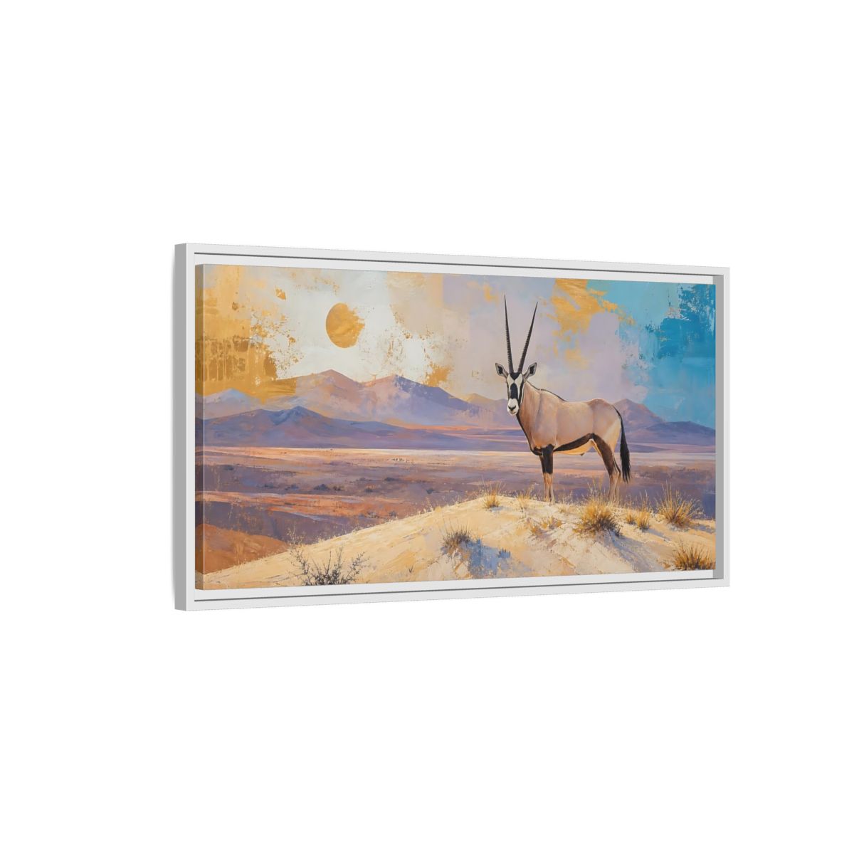 Side Mockup 1. Animals Oryx Gold Beige Desert shown as stretched canvas wall art