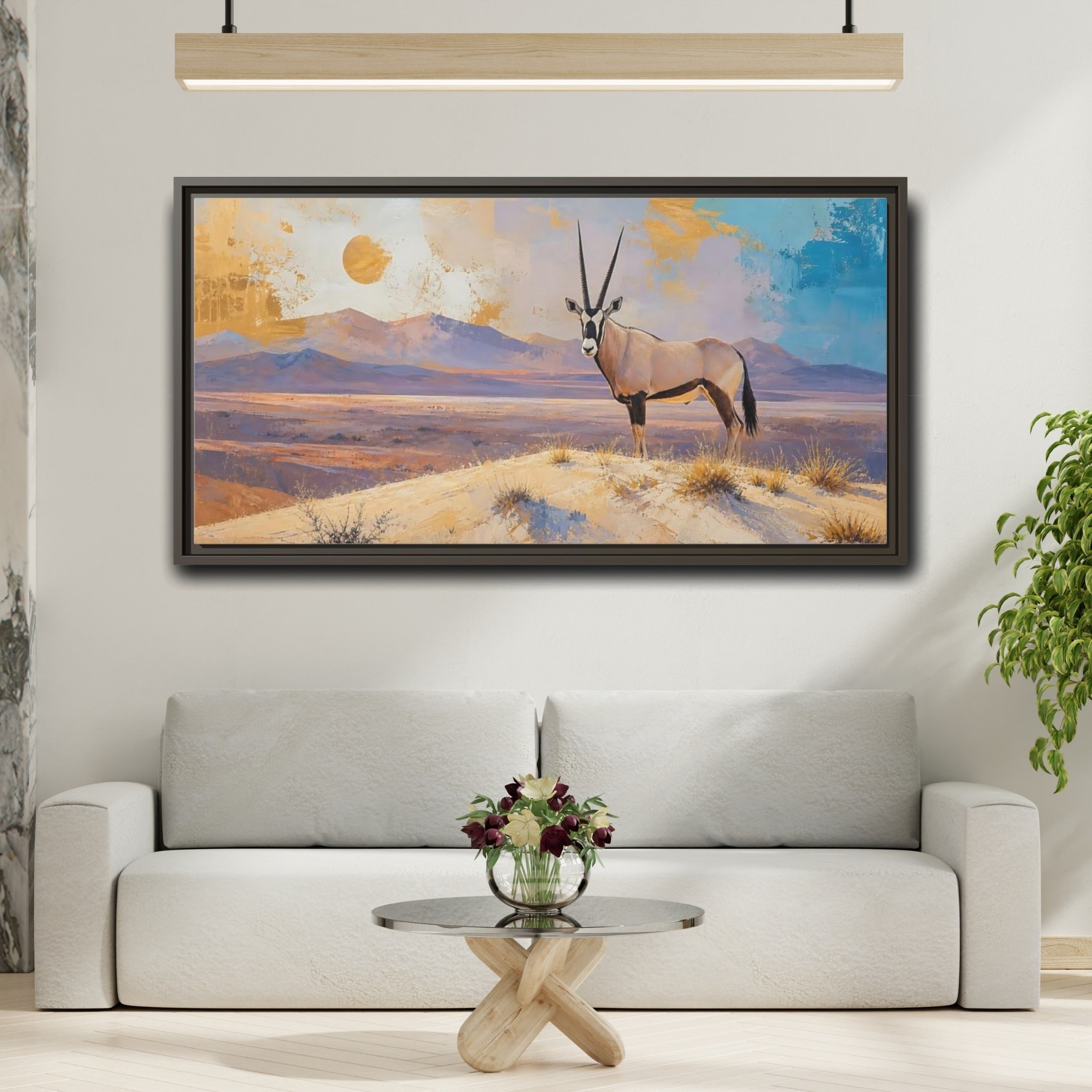 Mockup 2. Animals Oryx Gold Beige Desert shown as stretched canvas wall art