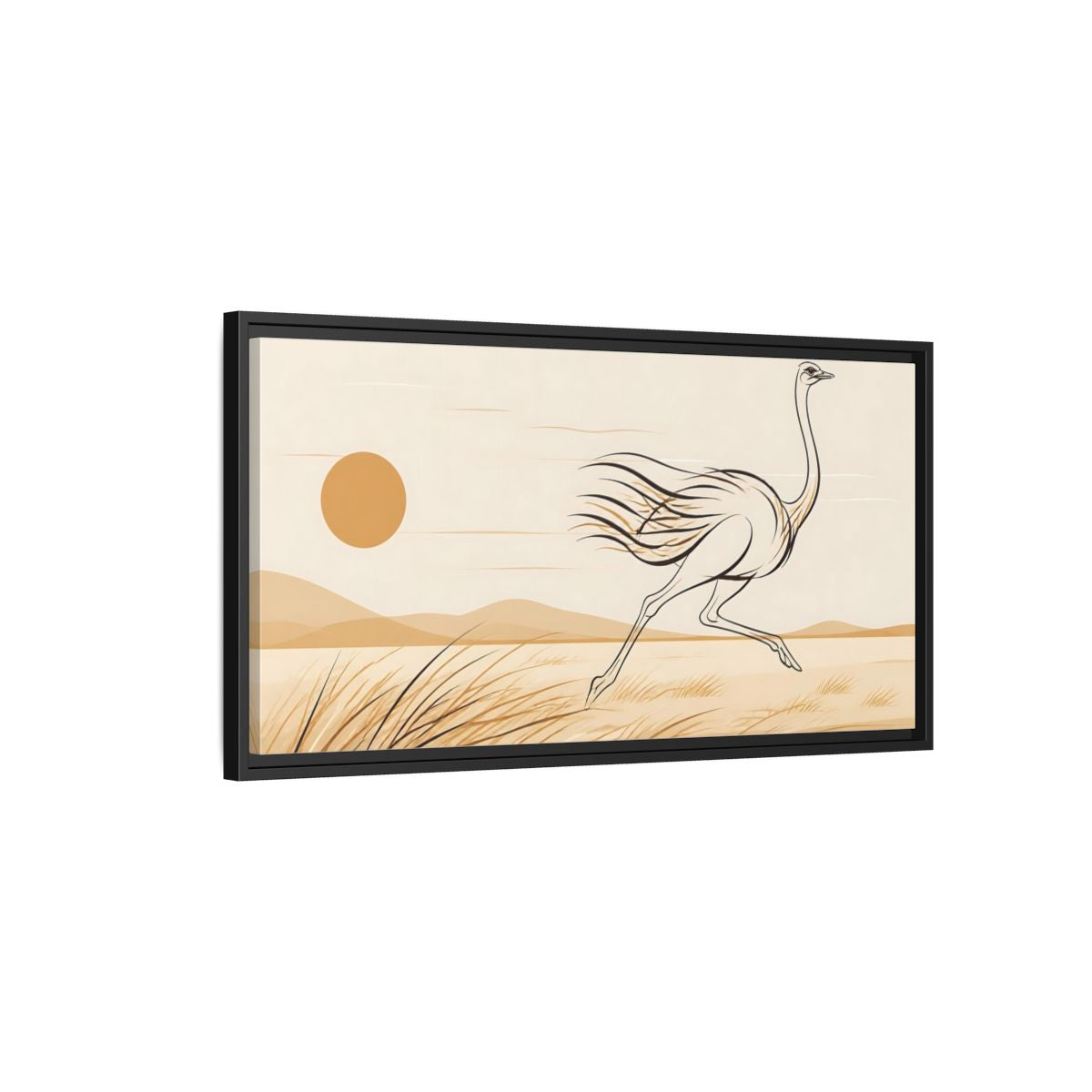 Side Mockup 2. Animals Ostrich Brown And Beige shown as stretched canvas wall art