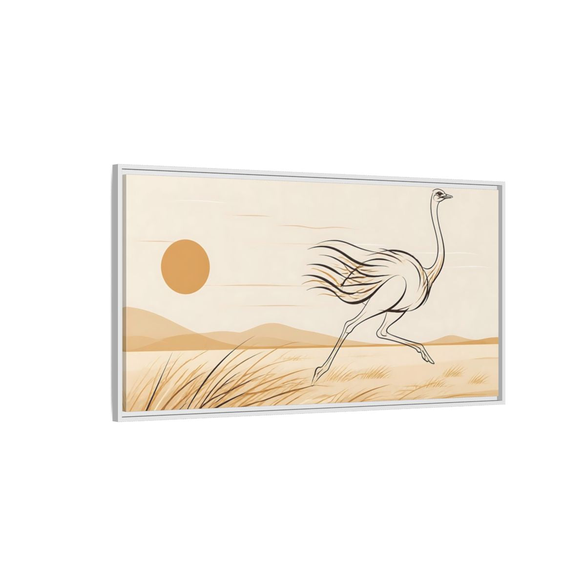 Side Mockup 3. Animals Ostrich Brown And Beige shown as stretched canvas wall art