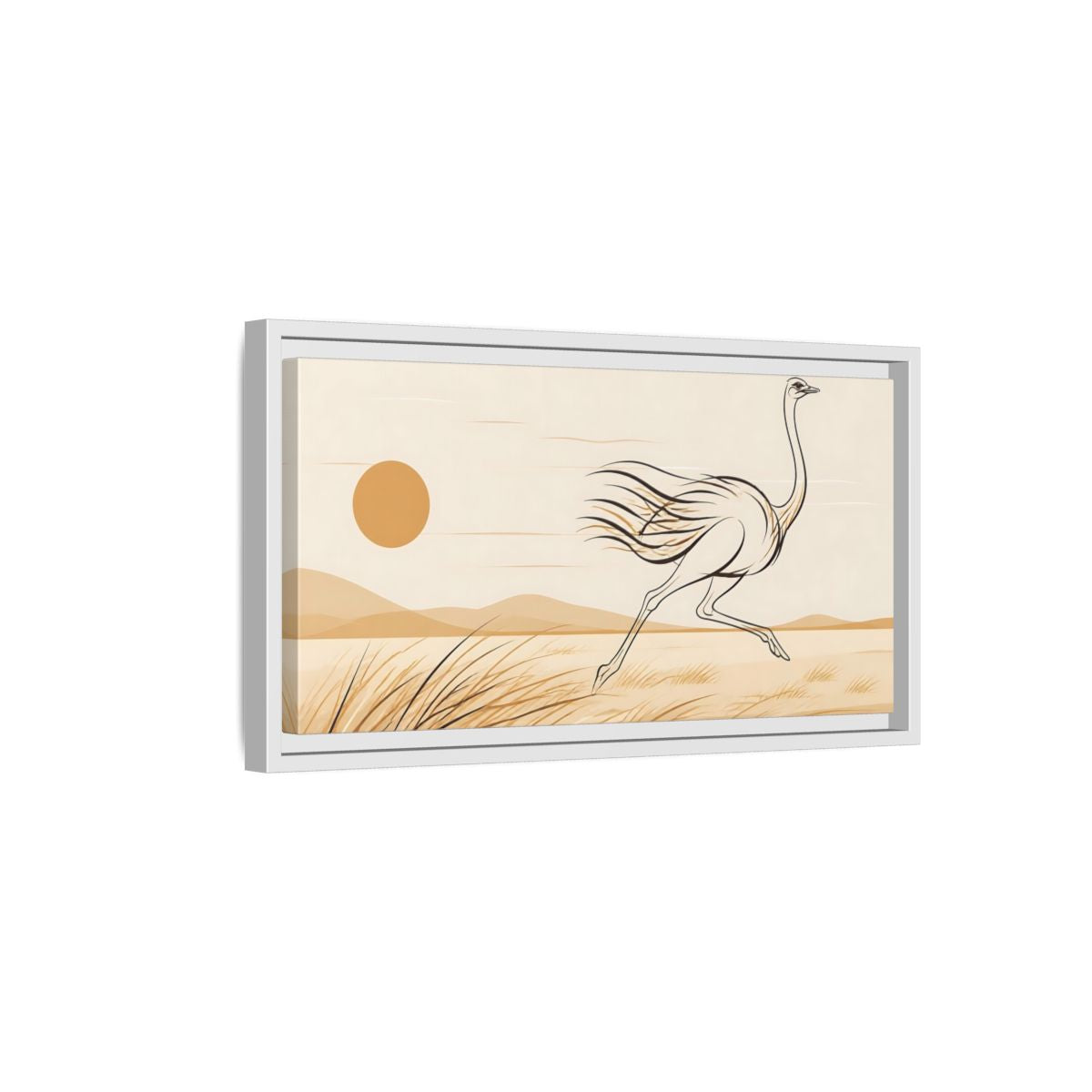 Side Mockup 6. Animals Ostrich Brown And Beige shown as stretched canvas wall art