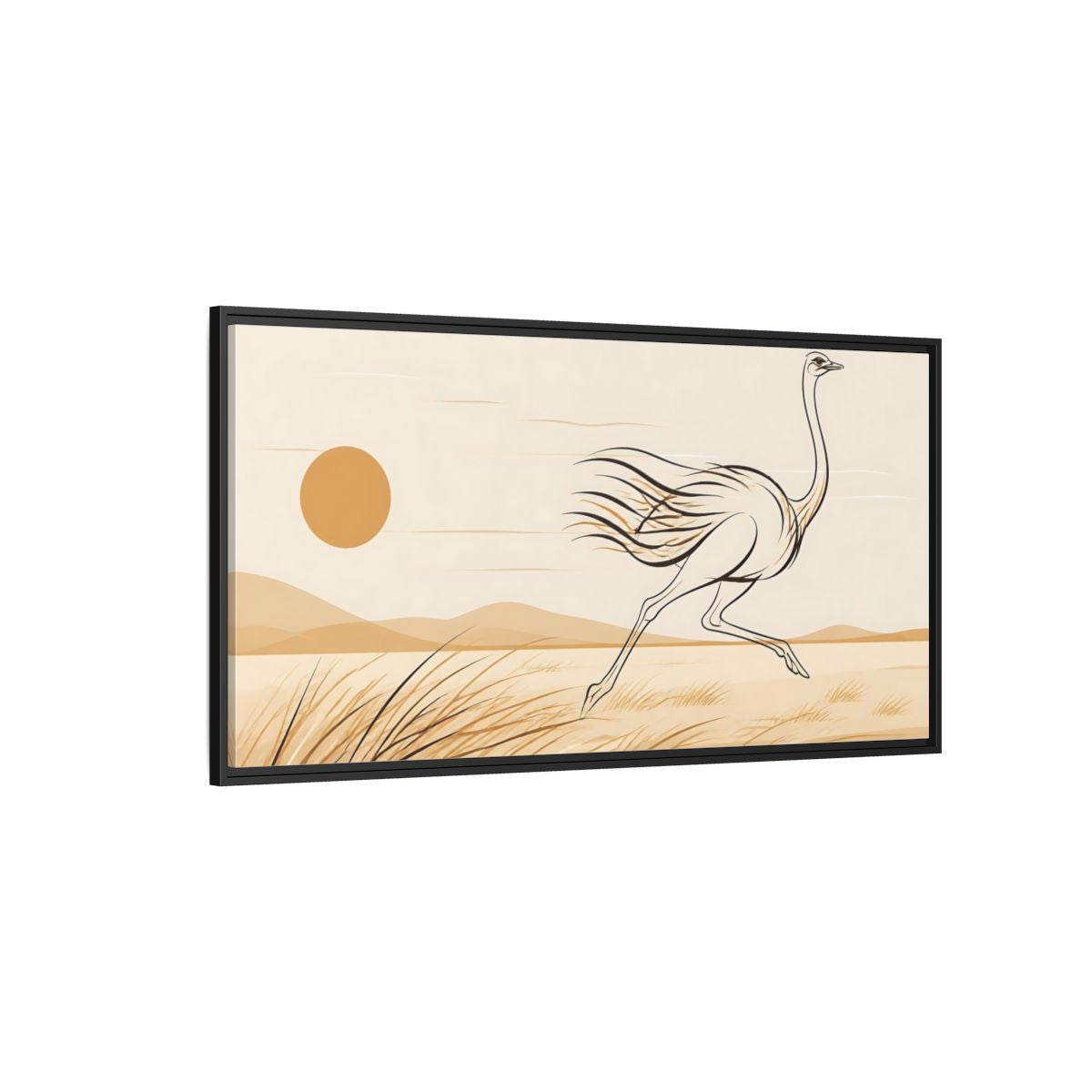Side Mockup 5. Animals Ostrich Brown And Beige shown as stretched canvas wall art